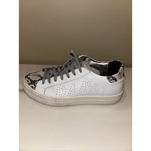 P448 White Leather Snakeskin Detail Low Top Lace-Up Sneakers Women's Size 39 - Picture 11 of 15
